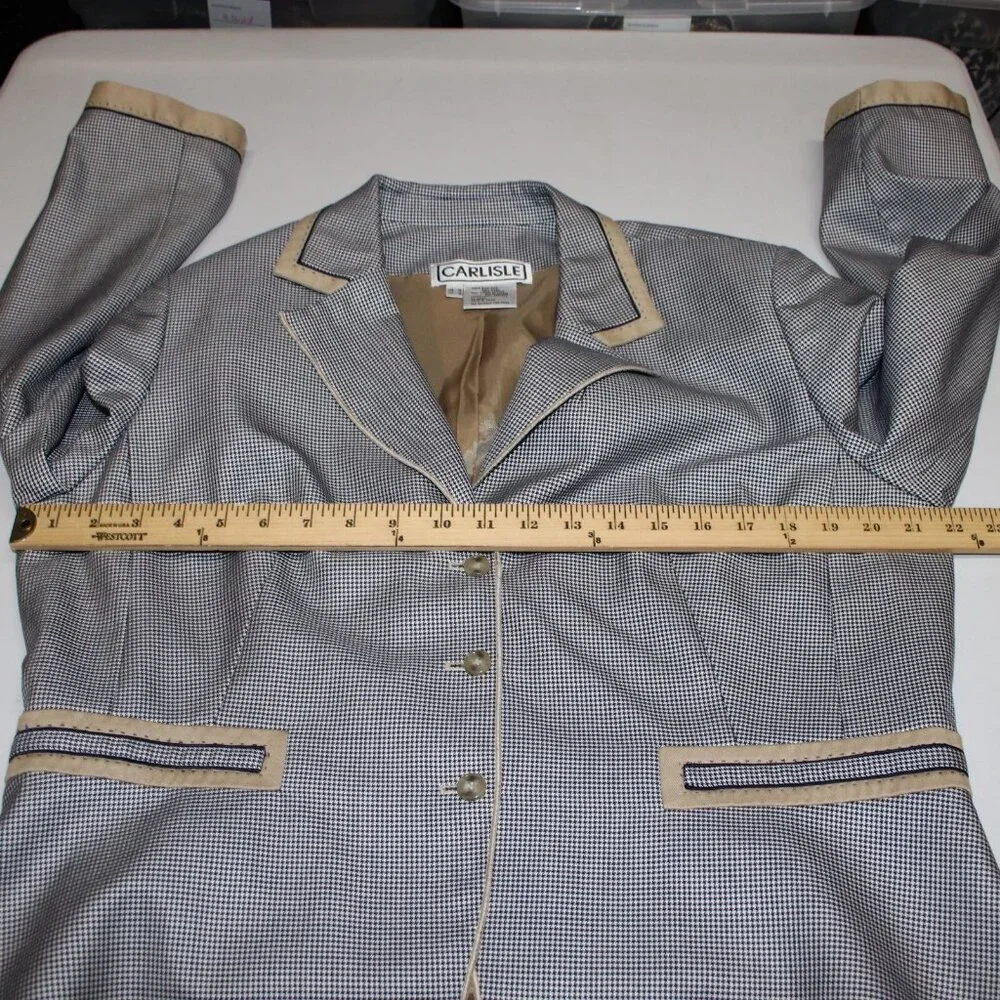 Carlisle Sz 16 Navy Blue White Brown Faux Pockets Lined Silk Wool Cotton Jacket - Picture 11 of 12